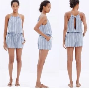 Madewell Chambray Romper with Embroidered Flowers